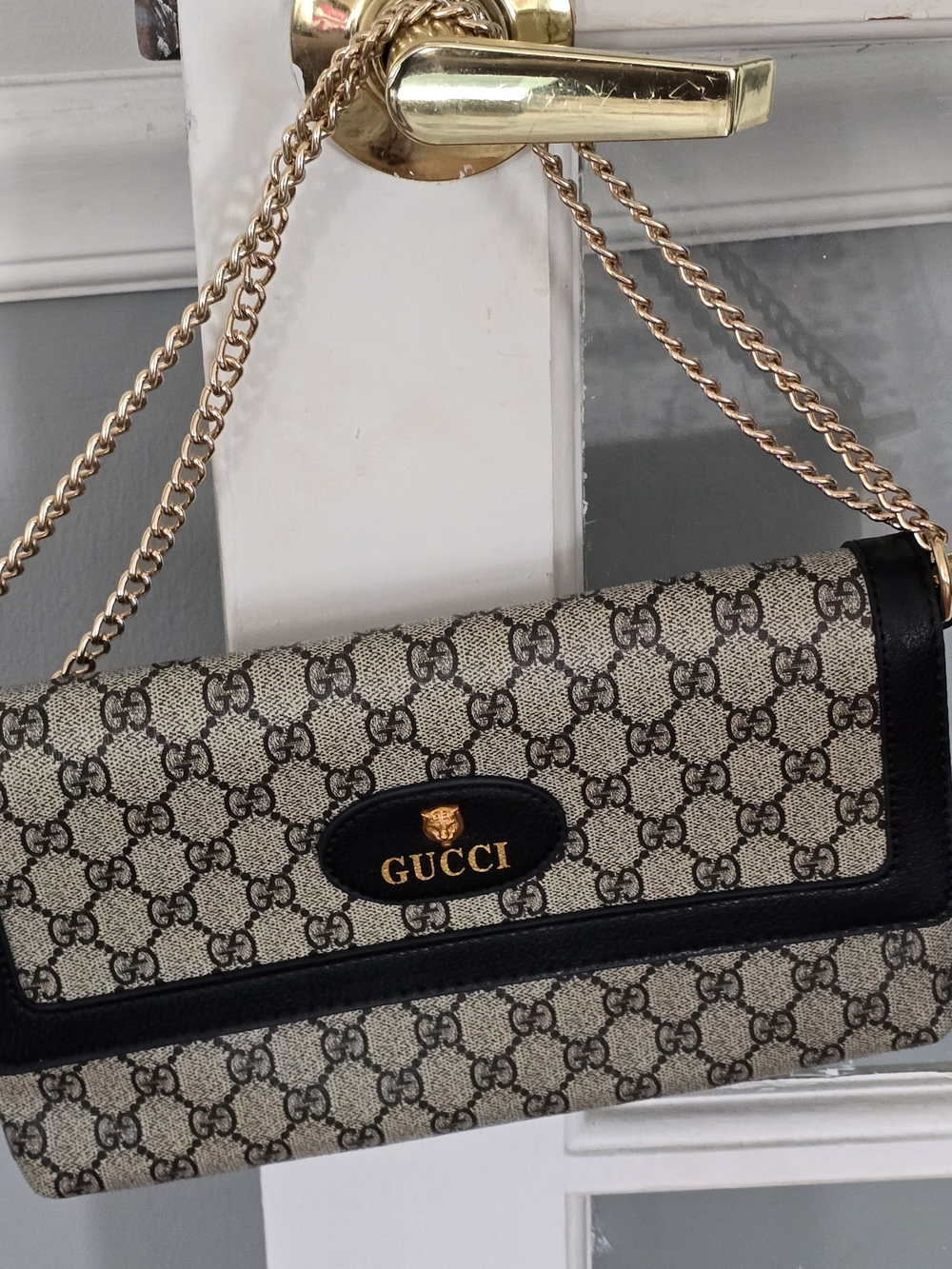 Gucci Beige & Black Monogram Chain Shoulder Bag Vintage